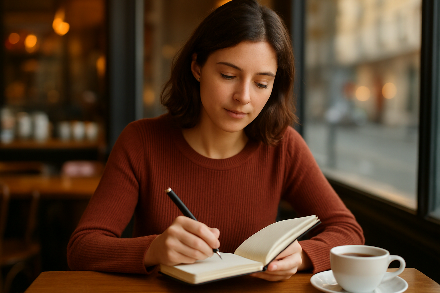 Portrait d’une jeune femme portant le prénom Leya, carnet et stylo à la main, lumière naturelle dans un café parisien