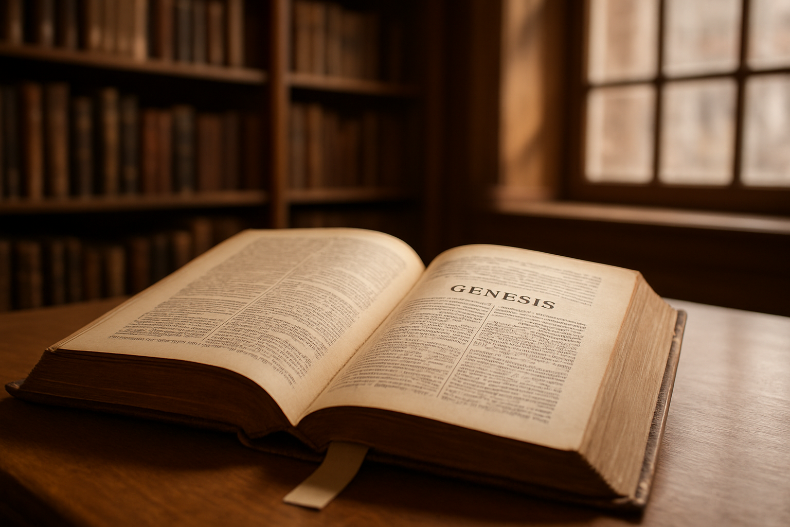 Livre ouvert sur la Genèse avec un signet, ambiance bibliothèque, lumière du matin