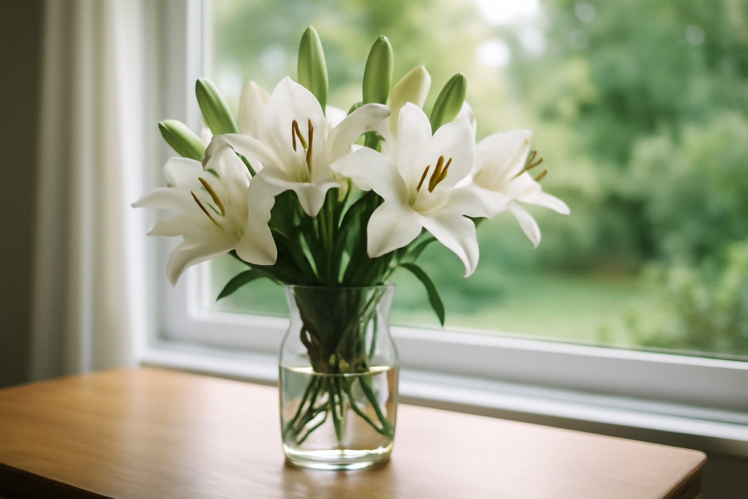 Fleur de lys blanc dans un jardin, lumière douce, style photo réaliste