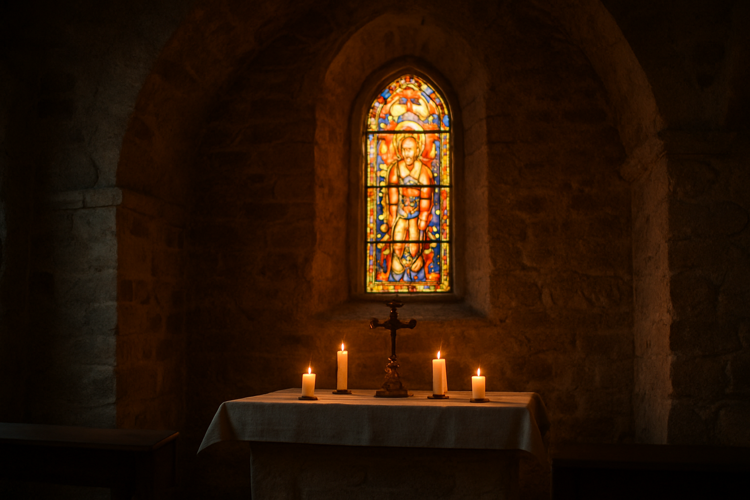 Vue d’une église au crépuscule, lumière dorée et bougies pour illustrer l’idée de « lux »