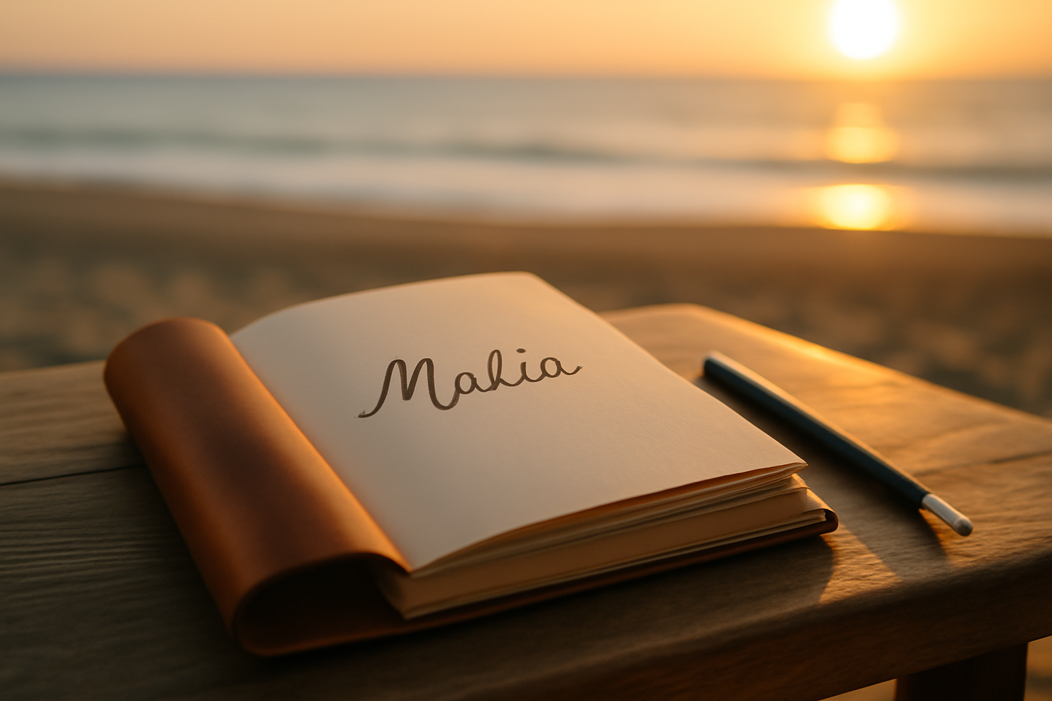 Prénom Malia écrit sur un carnet près d’une plage au coucher du soleil