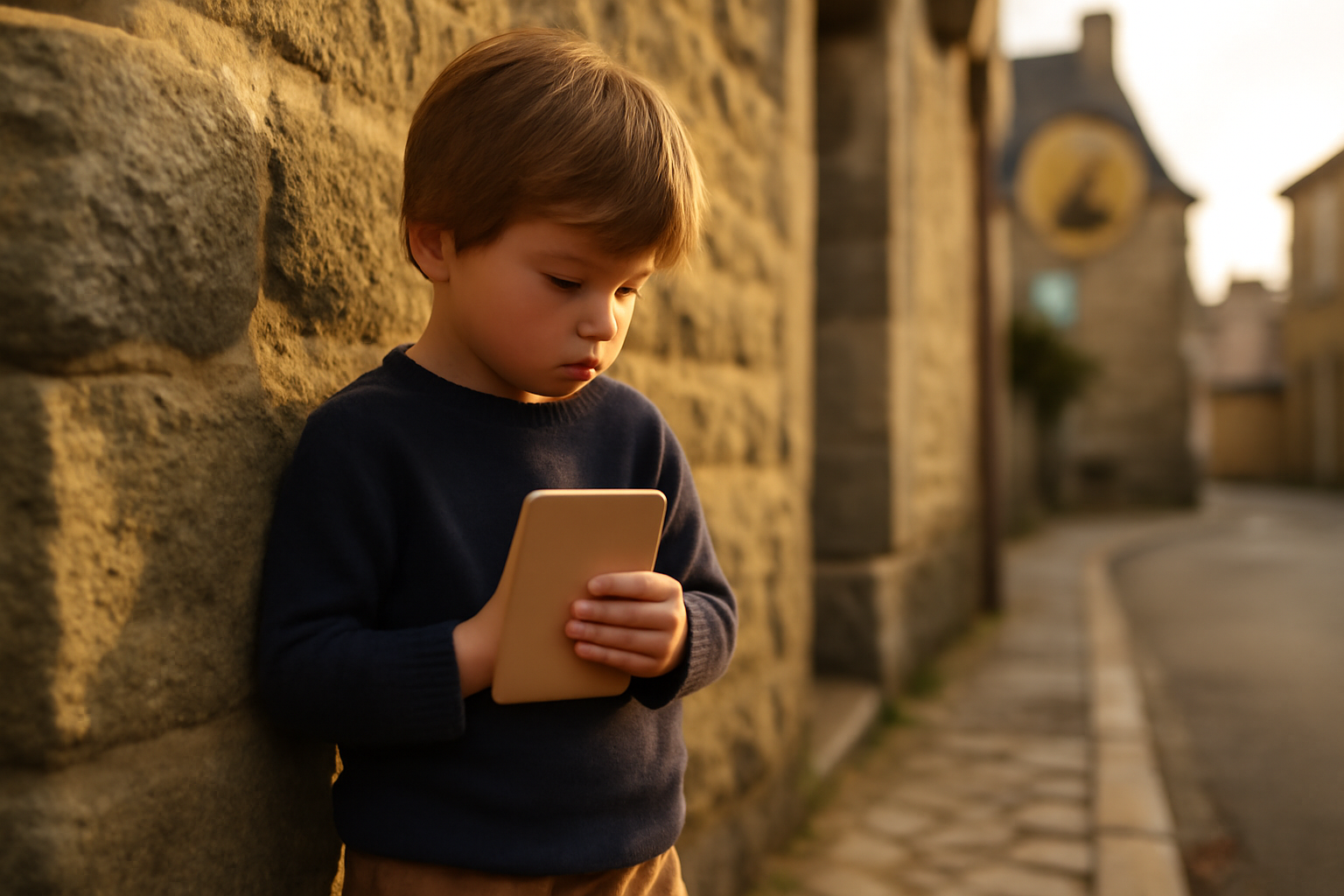 Portrait réaliste d’un enfant prénommé Malo près d’un mur de pierre en Bretagne, lumière douce, carnet de notes et symbole de saint Malo en arrière-plan