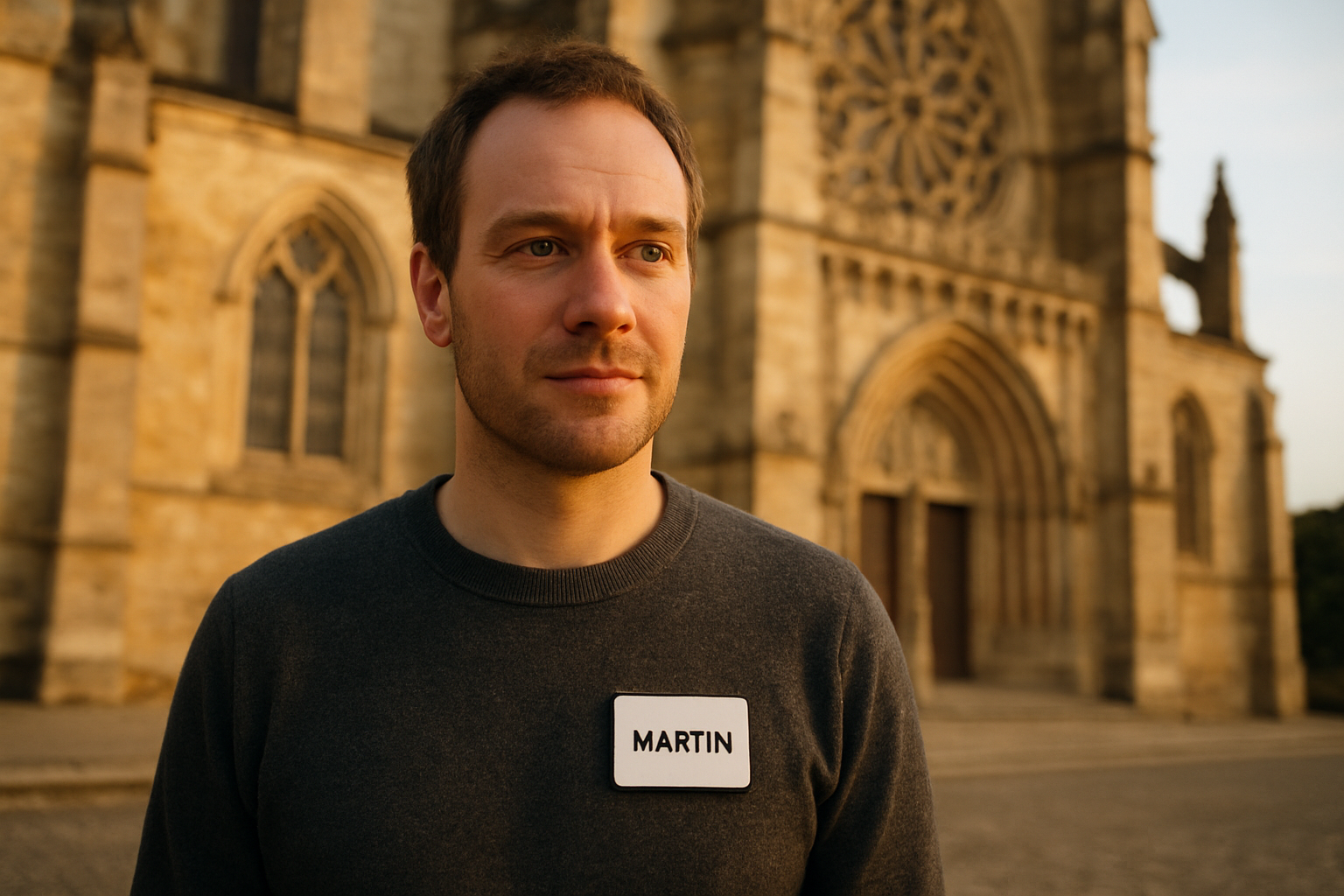 Portrait réaliste d’un homme portant le prénom Martin devant une cathédrale, lumière dorée du soir, ambiance historique