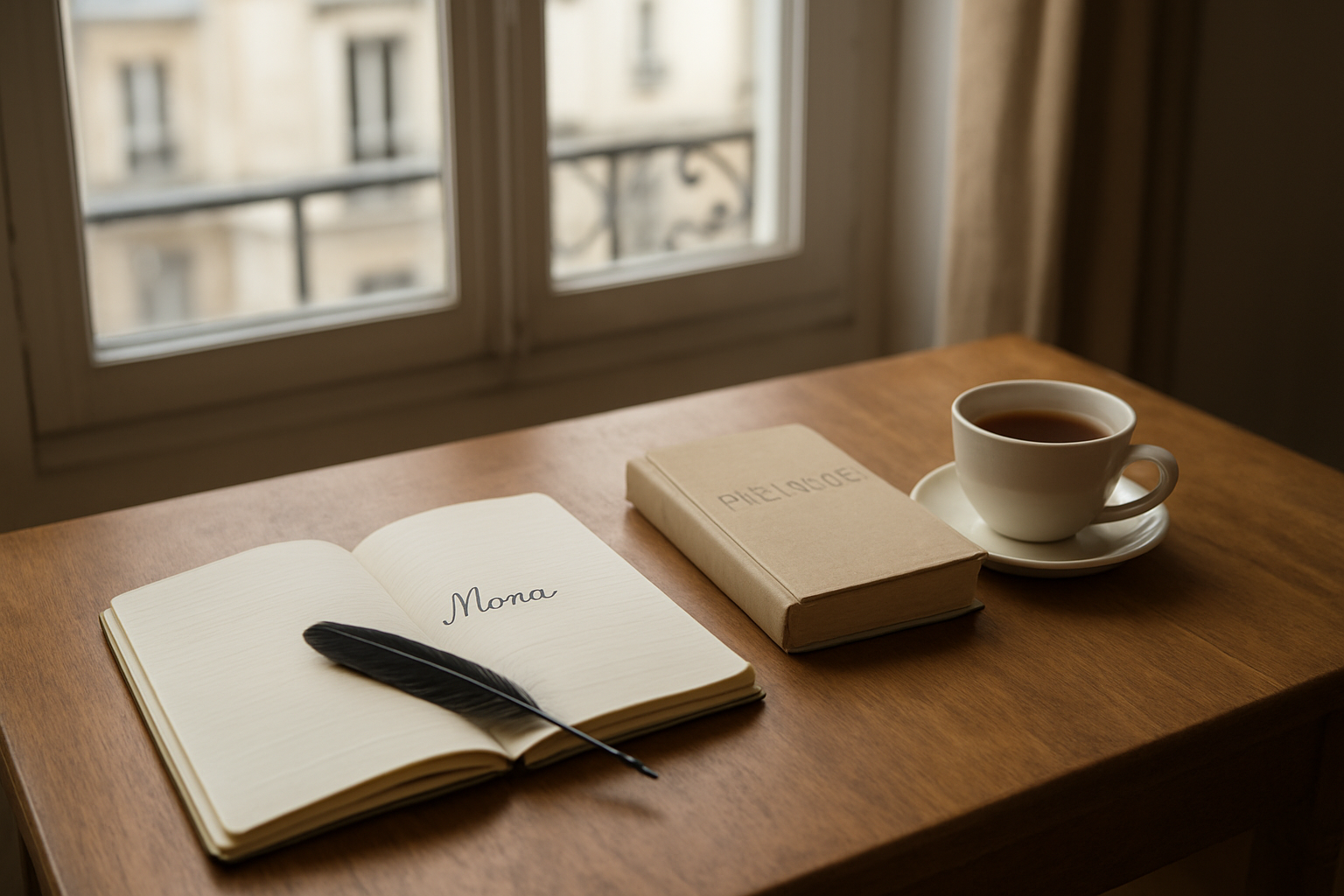 Prénom Mona : carnet de notes et livre de prénoms près d'une fenêtre, lumière naturelle