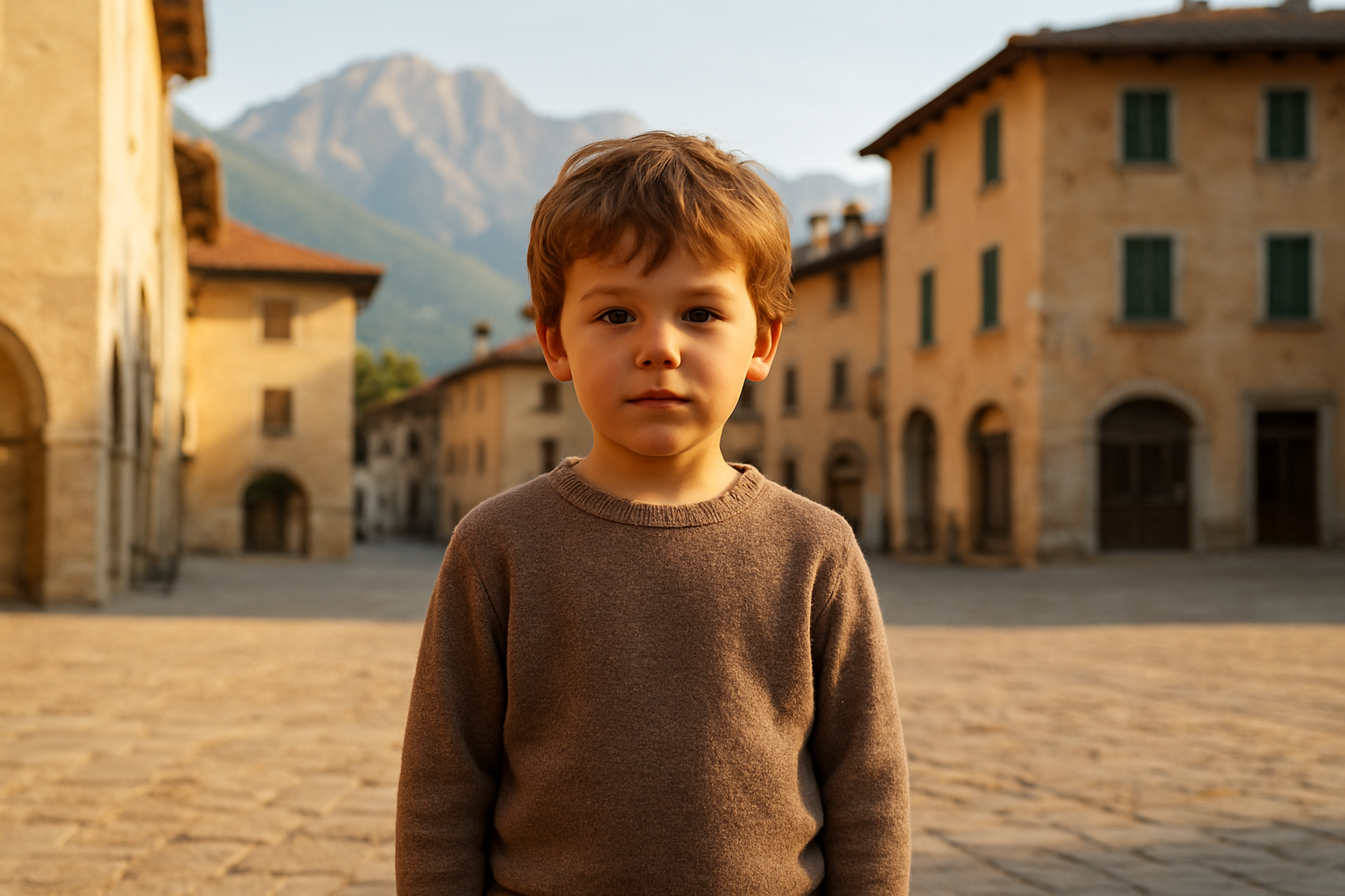 Portrait réaliste d’un jeune garçon prénommé Orso devant un paysage de montagne en Italie du Nord, lumière naturelle dorée