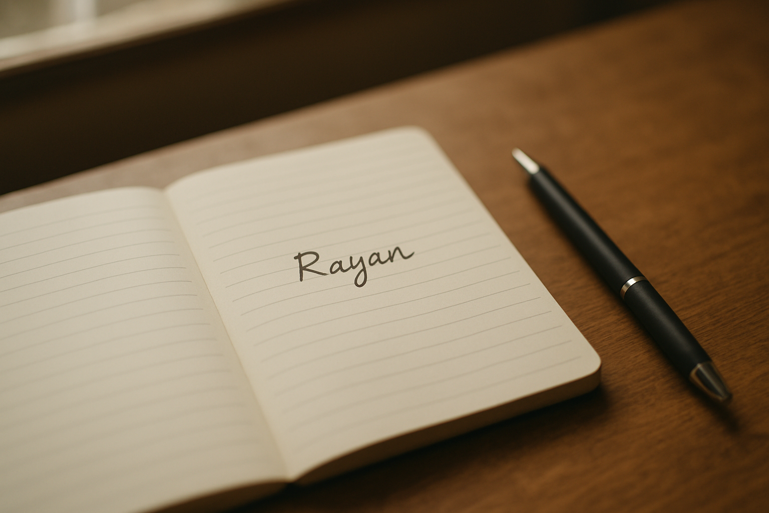 Prénom Rayan écrit sur un carnet, lumière naturelle dans un bureau à domicile