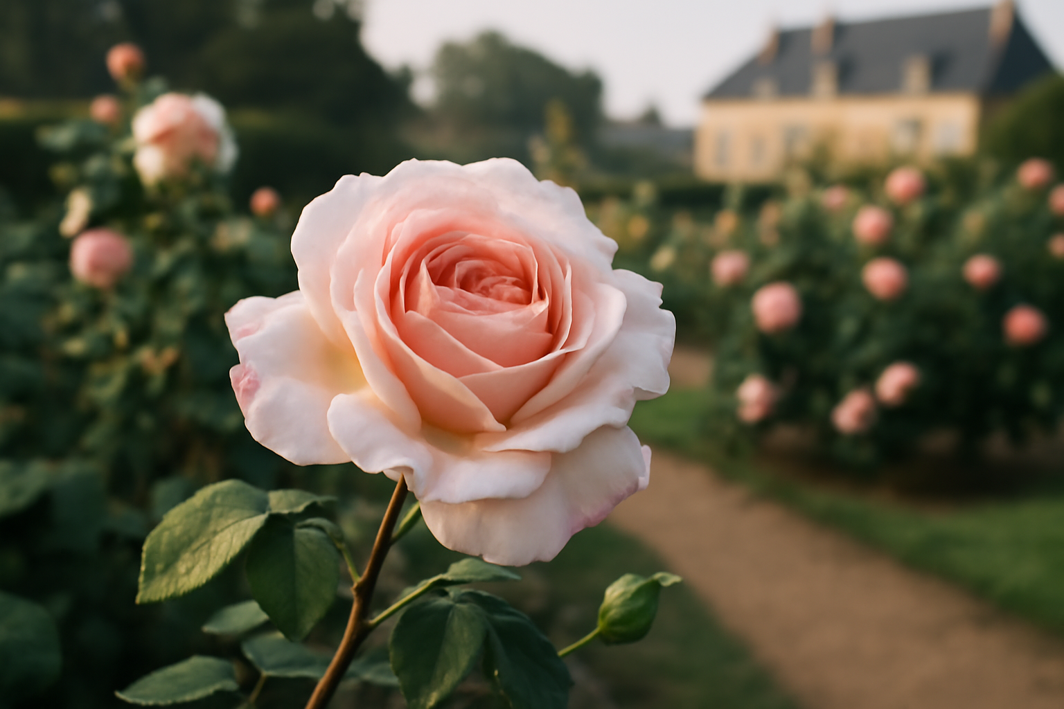 Une rose fraîche dans un jardin français, lumière douce du matin, ambiance romantique