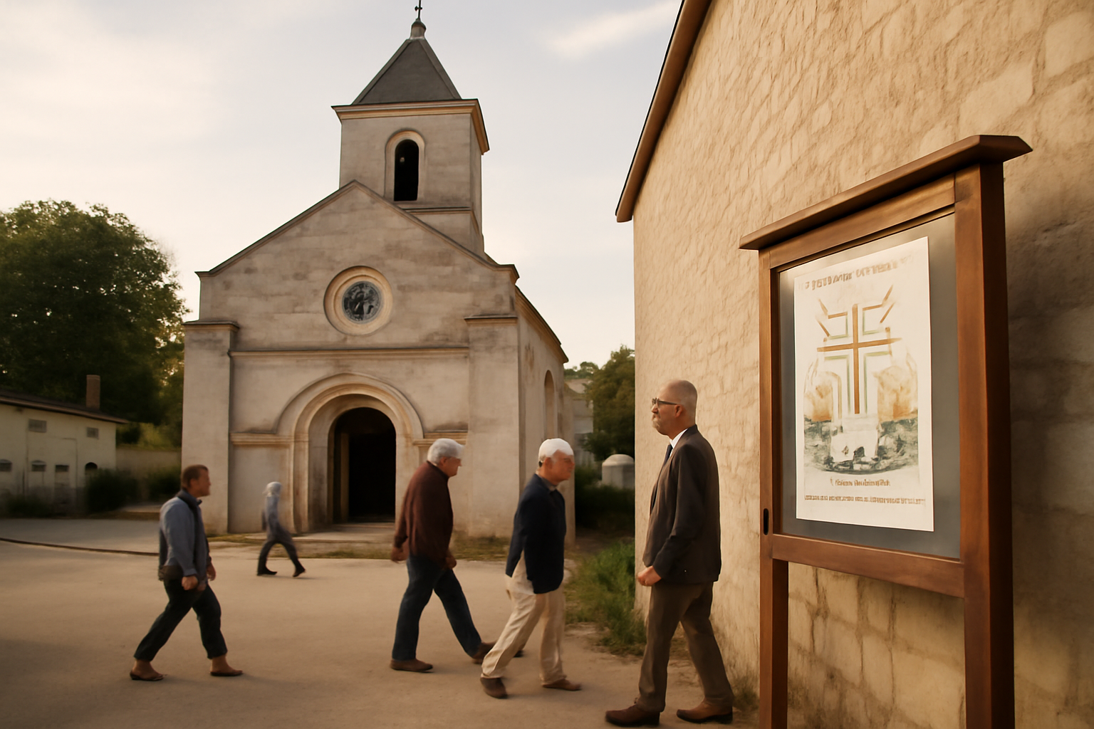 Église de village en Poitou avec un panneau indiquant une fête locale dédiée à une sainte