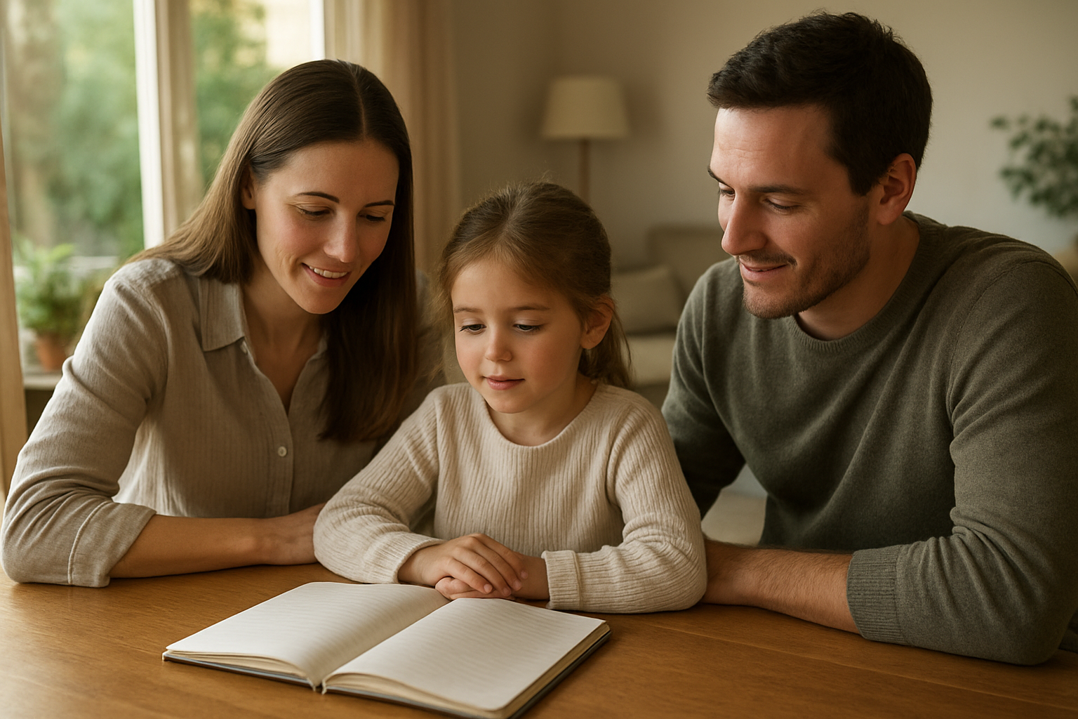 Photo réaliste d’une famille dans un salon, un carnet de prénoms ouvert, lumière douce, ambiance française