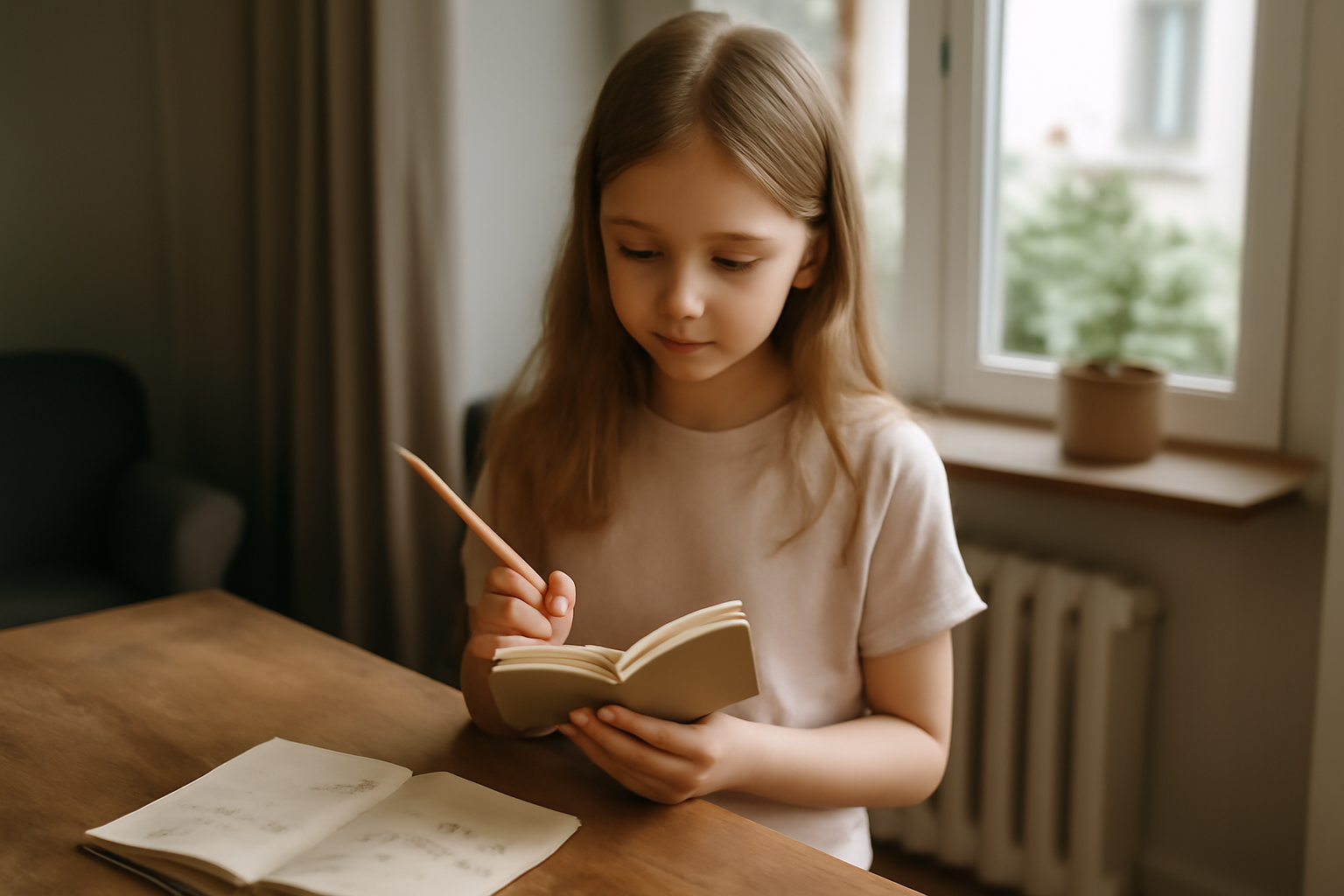 Origine prénom Thelma : jeune fille portant un carnet et observant un calendrier près d’une fenêtre, ambiance lumineuse, photo réaliste