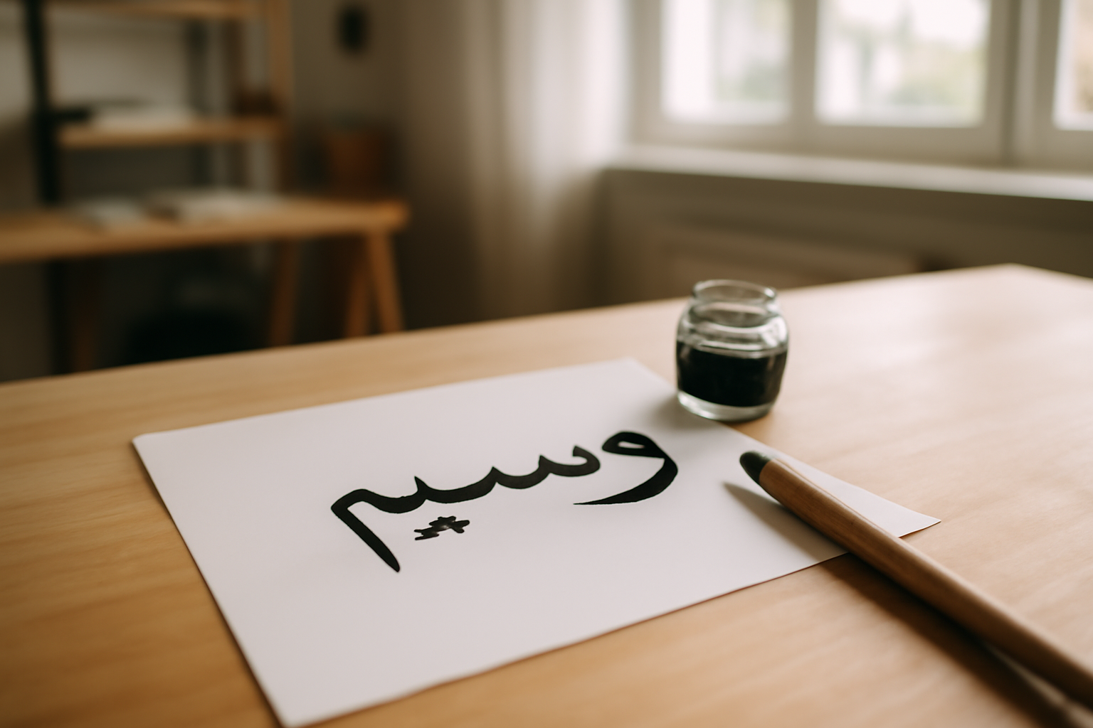 Origine prénom Wassim : mot وسيم et calligraphie arabe sur fond beige, scène photo réaliste en lumière naturelle