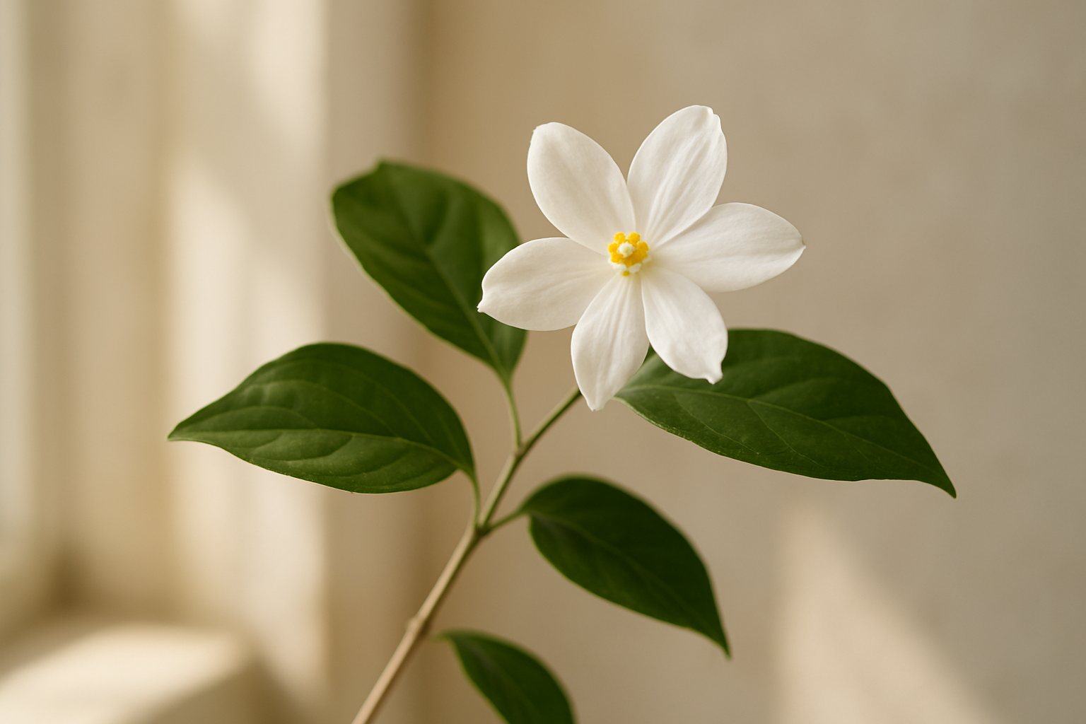 Fleur de jasmin près d'une fenêtre, lumière naturelle, ambiance méditerranéenne