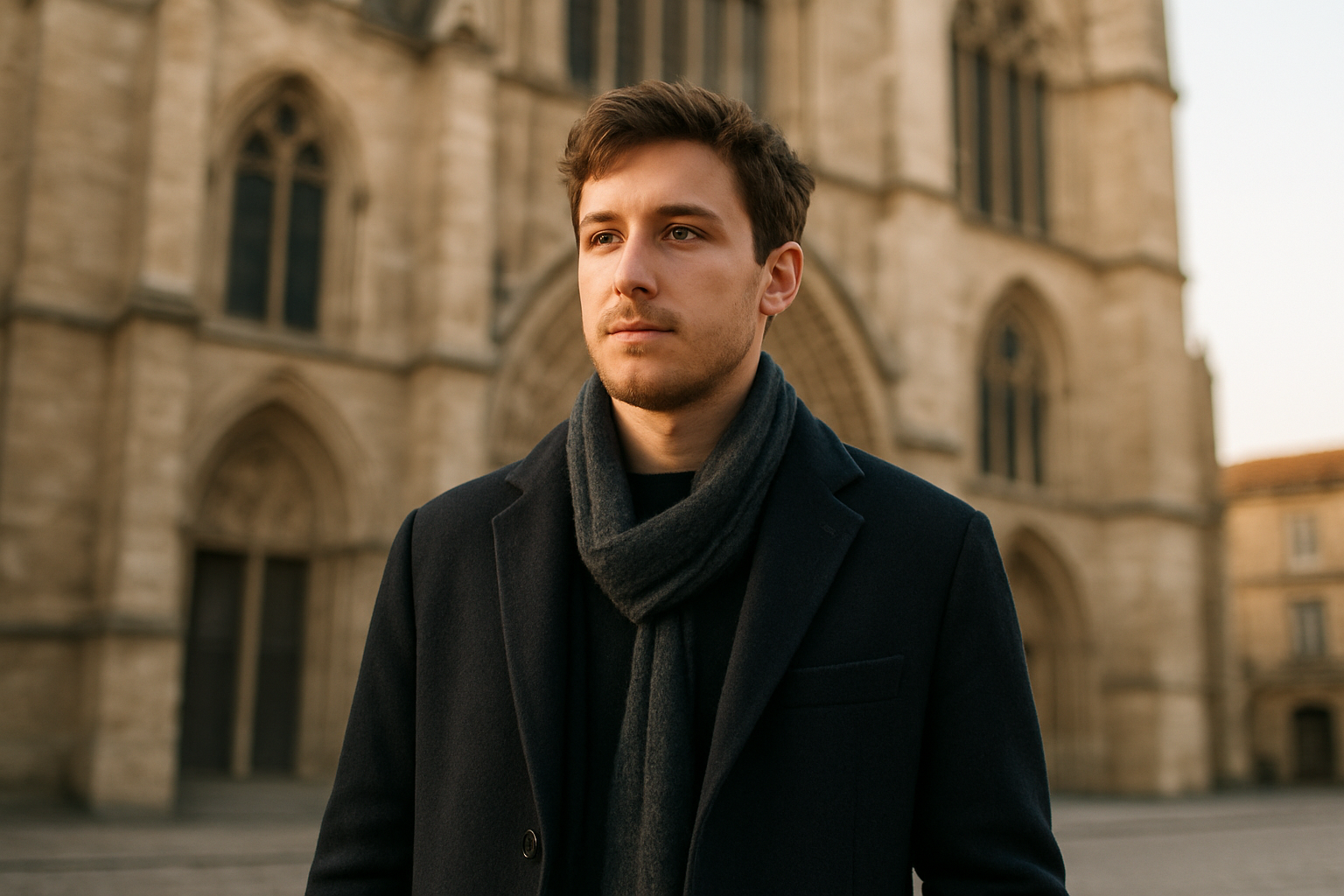 Portrait photo réaliste d’un jeune homme prénommé Ambroise devant une cathédrale en pierre, lumière douce d’hiver, ambiance historique