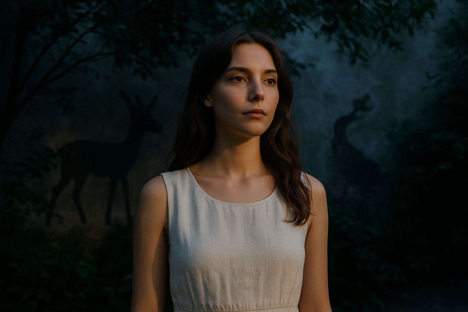 Portrait photo réaliste d’une jeune femme portant un prénom Diane, décor évoquant la lune et la nature, ambiance nocturne douce