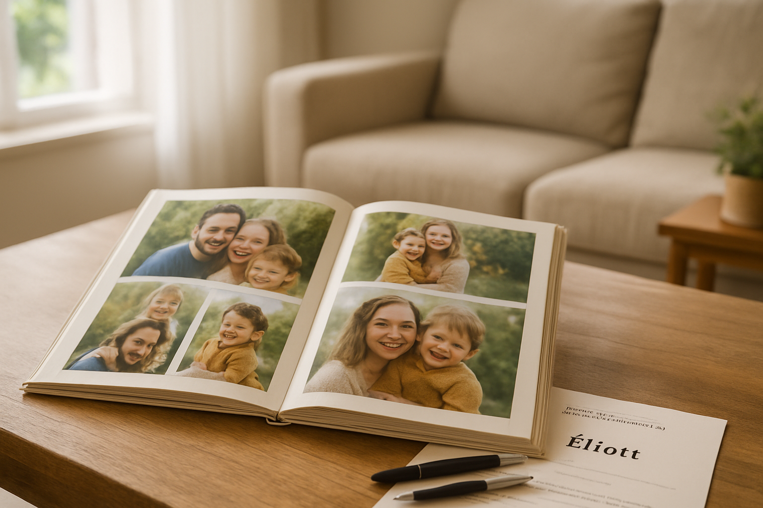 Photo réaliste d’un carnet de famille et d’un acte de naissance, avec le prénom Éliott lisible, lumière douce en intérieur