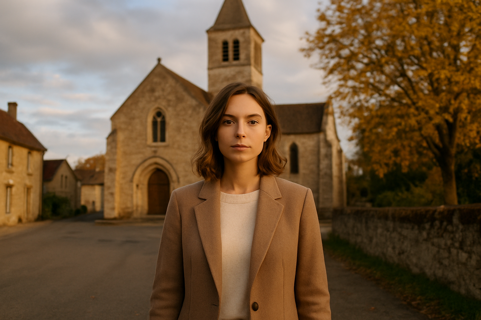 Portrait d’une jeune femme prénommée Élise devant une église en pierre, lumière dorée d’automne