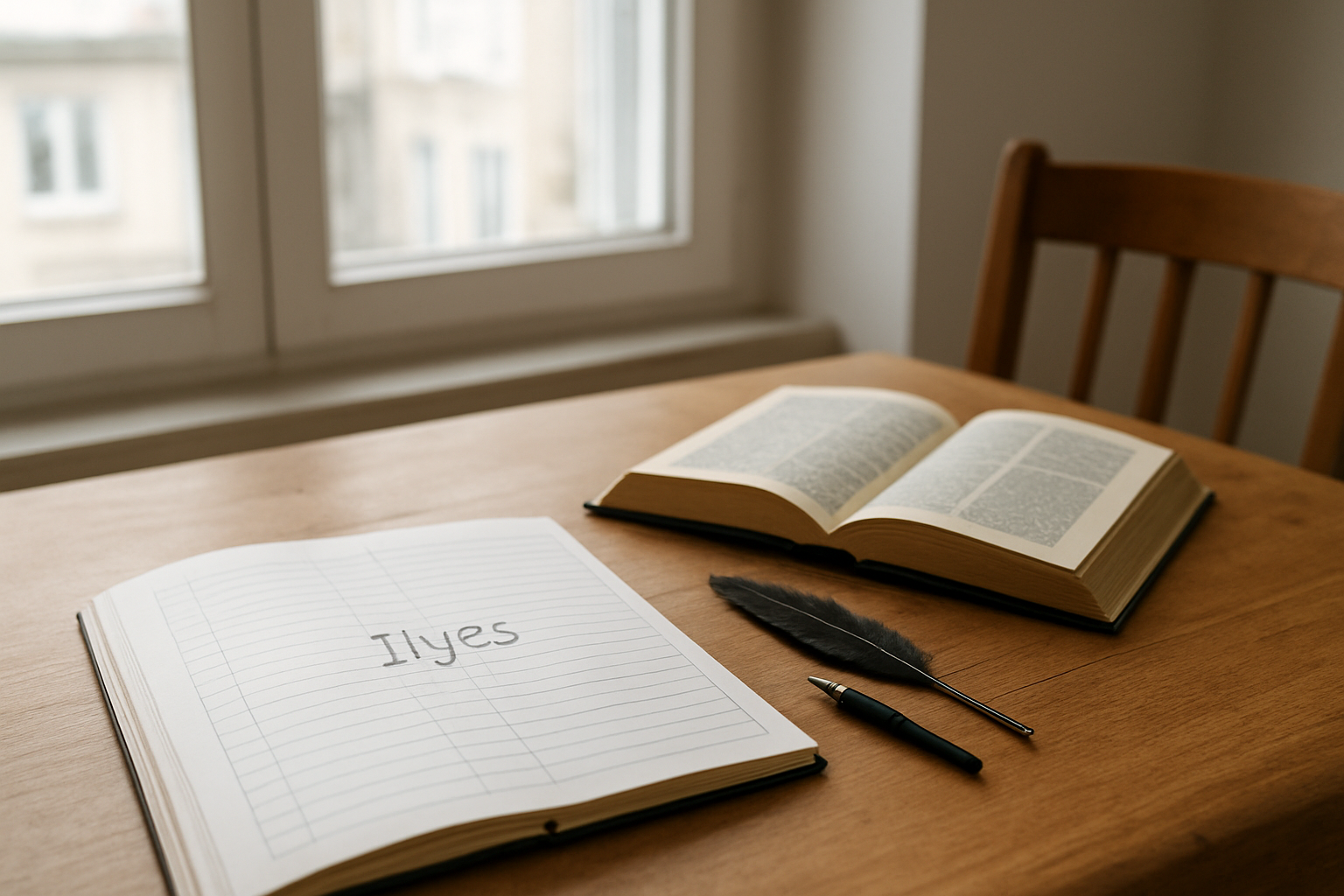 Un carnet de naissance ouvert sur le prénom Ilyes, à côté d’un livre de textes religieux, lumière naturelle sur une table en bois