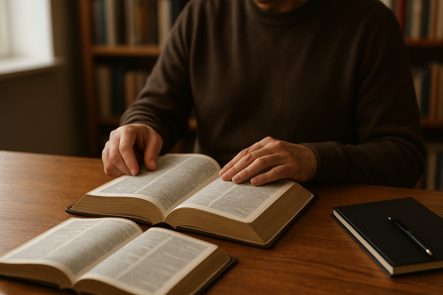 Personne feuilletant un livre de prénoms près d'une Bible ouverte, ambiance bibliothèque, lumière naturelle douce
