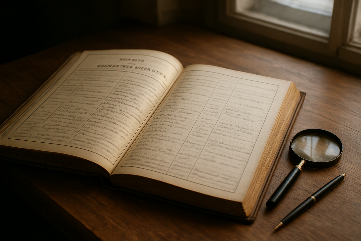 Photo réaliste d’un registre d’état civil ancien ouvert sur une table en bois, avec un stylo et une loupe, éclairage doux, ambiance archives