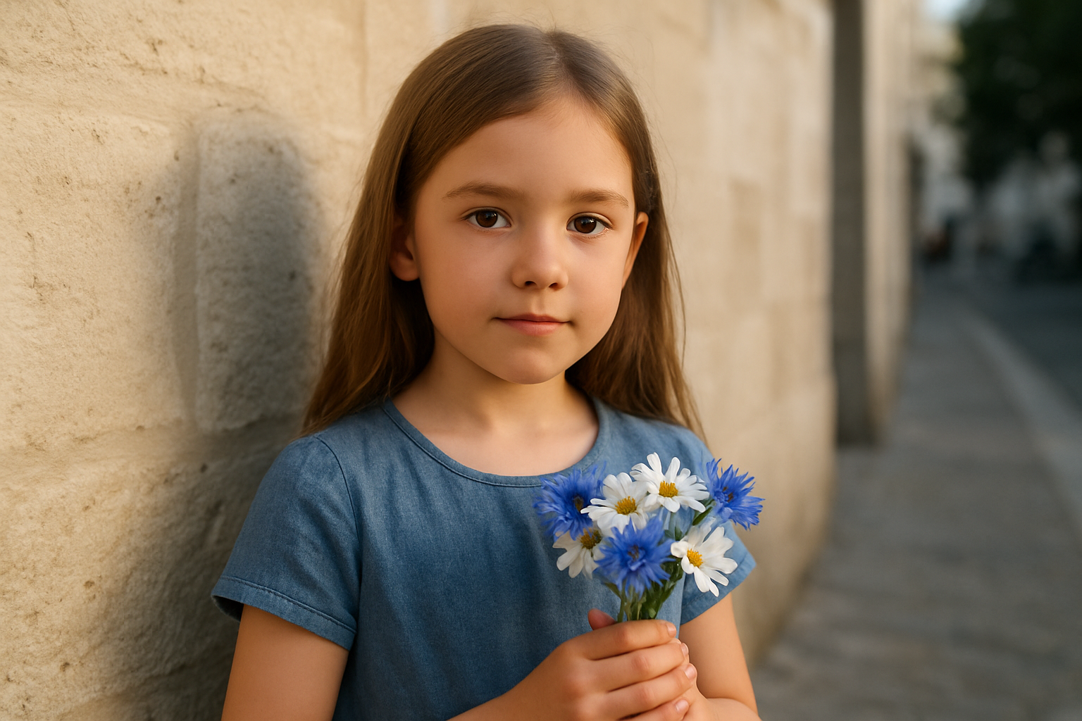 Portrait d’une jeune fille tenant un petit bouquet près d’un mur clair, lumière douce de fin d’après-midi, style photo réaliste