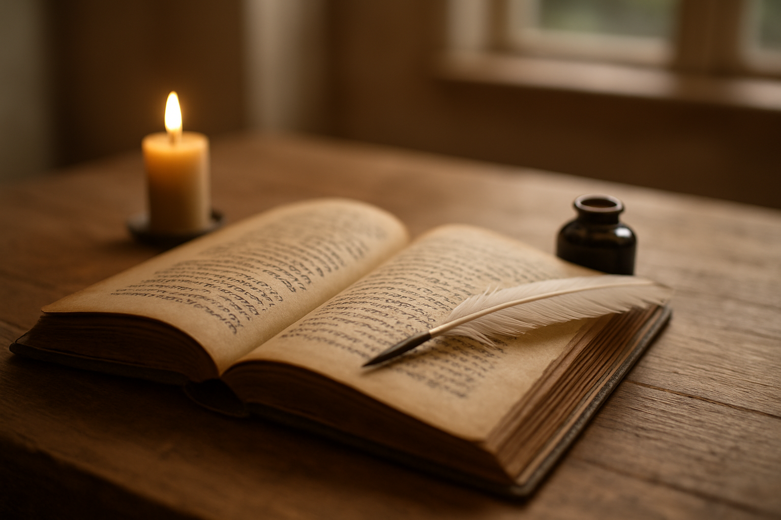 Livre ouvert et manuscrit ancien près d’une bougie, ambiance biblique réaliste