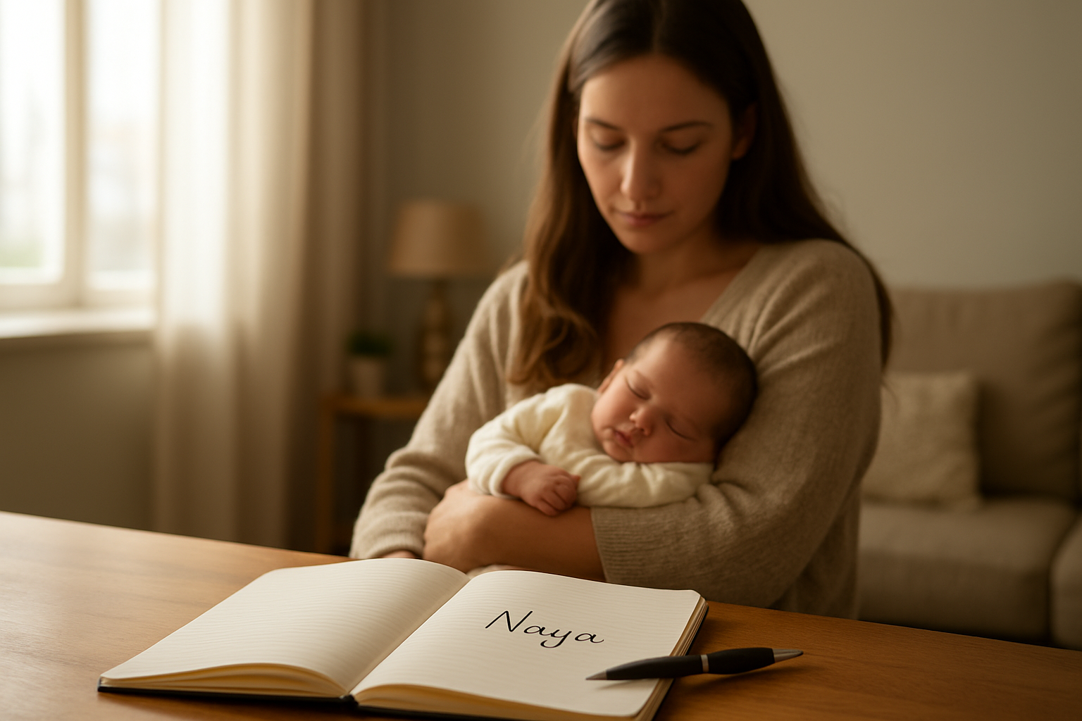 bébé et carnet avec le prénom Naya, lumière naturelle, intérieur chaleureux