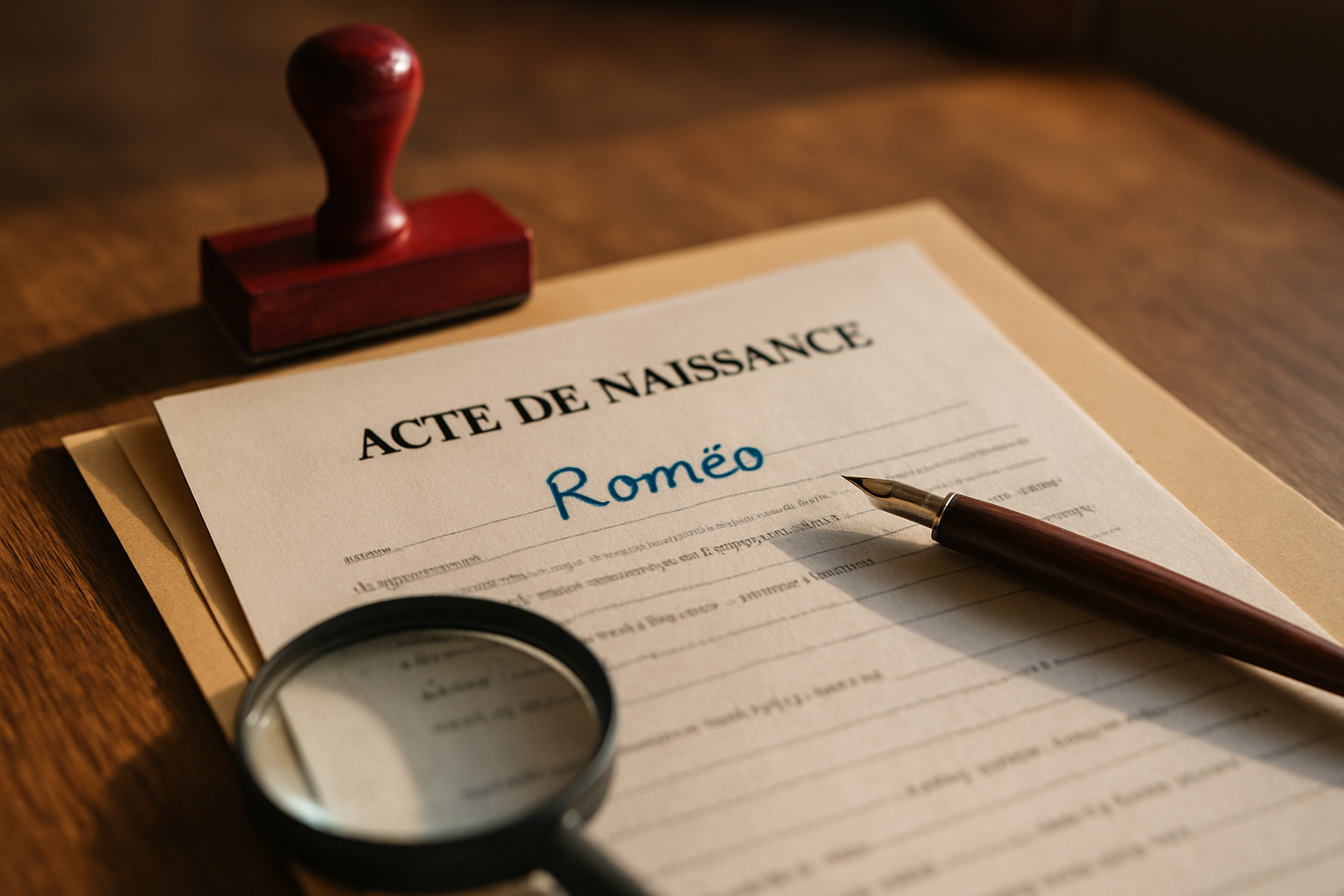 Roméo, prénom sur un acte d’état civil français avec accent
