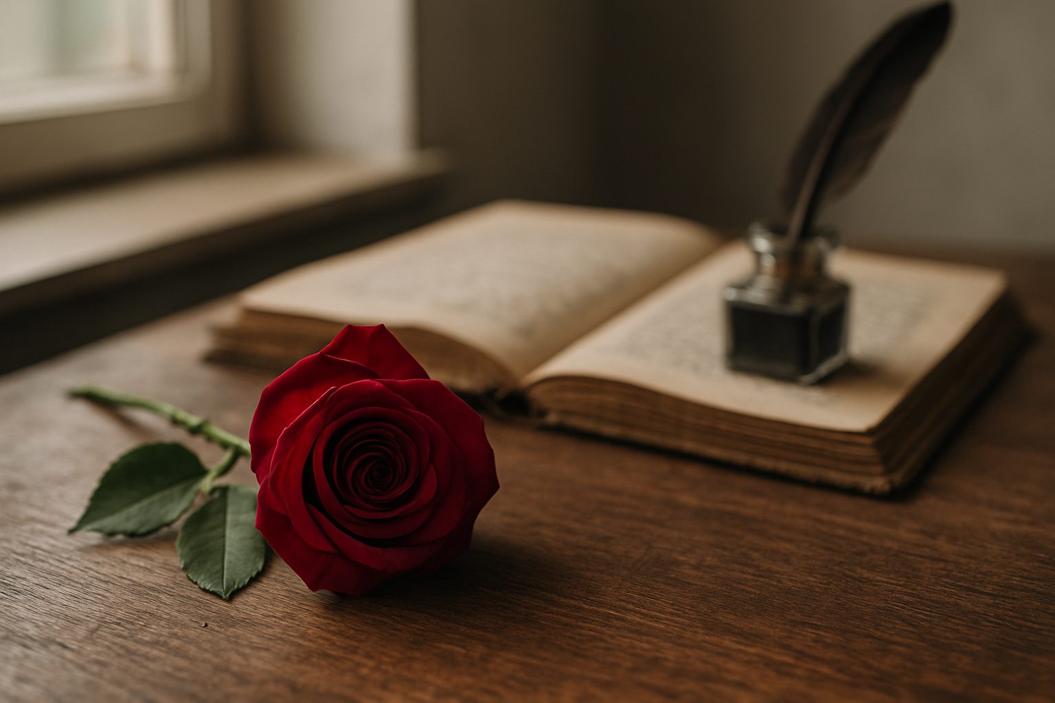 Une rose rouge près d’un livre ancien ouvert, lumière douce du matin, ambiance patrimoniale
