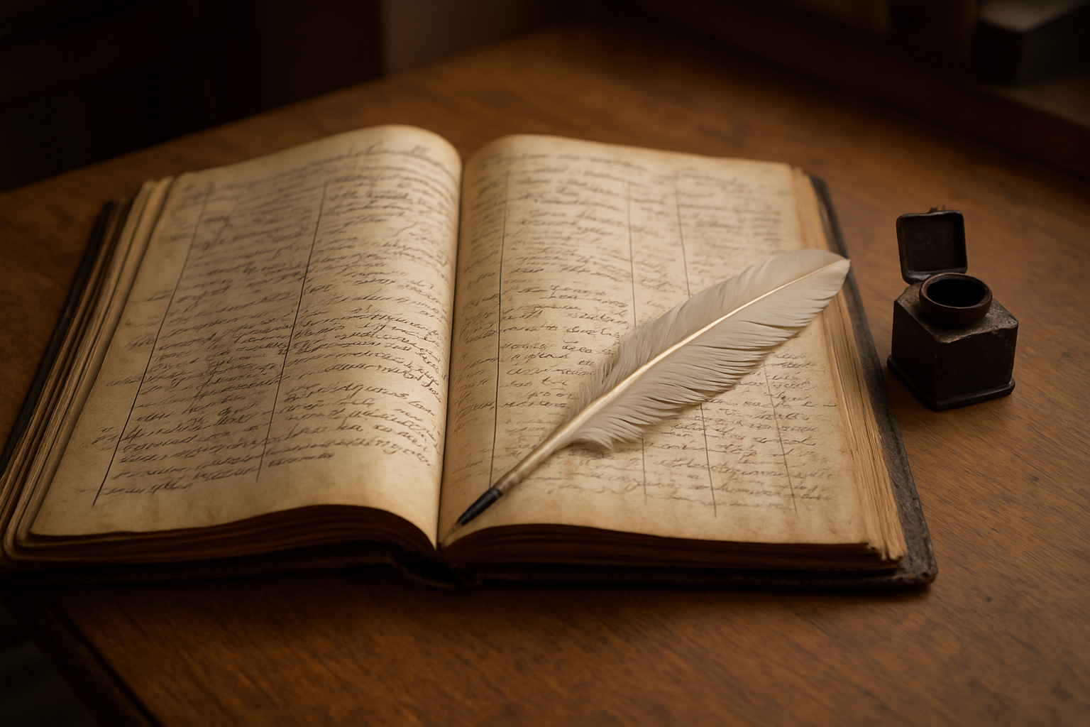 Registre paroissial ancien avec noms manuscrits, plume et encre sur table