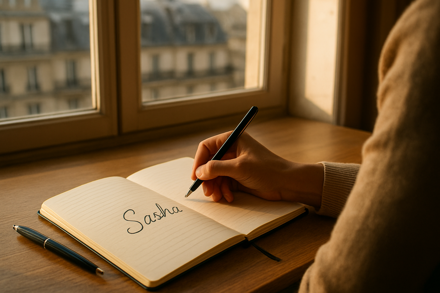 Personne tenant un carnet avec le prénom Sasha près d’une fenêtre, lumière naturelle
