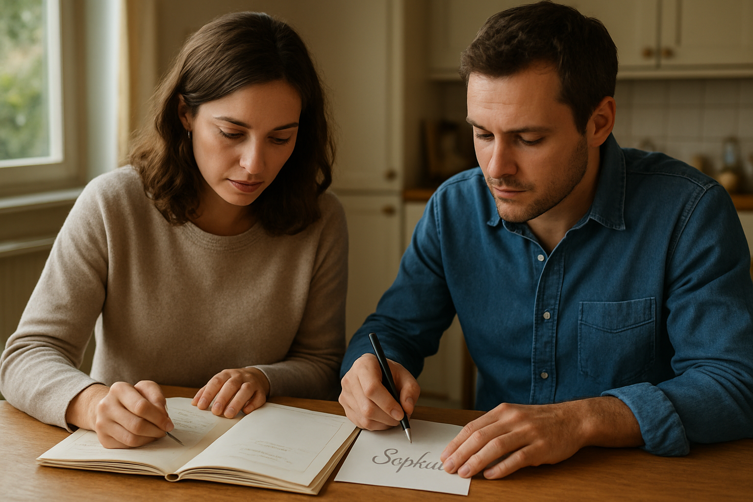 Photo réaliste d’une famille française préparant un faire-part avec le prénom Sophie sur la table, lumière naturelle en intérieur