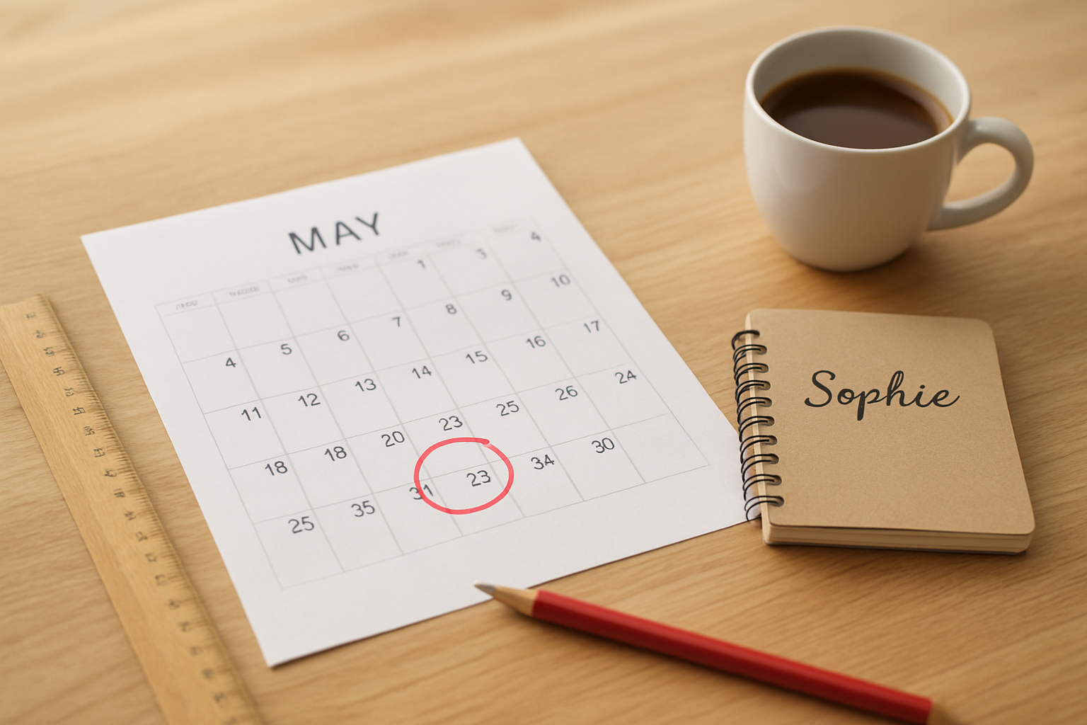 Photo réaliste d’un calendrier papier avec la date du 25 mai entourée et un carnet où figure le prénom Sophie