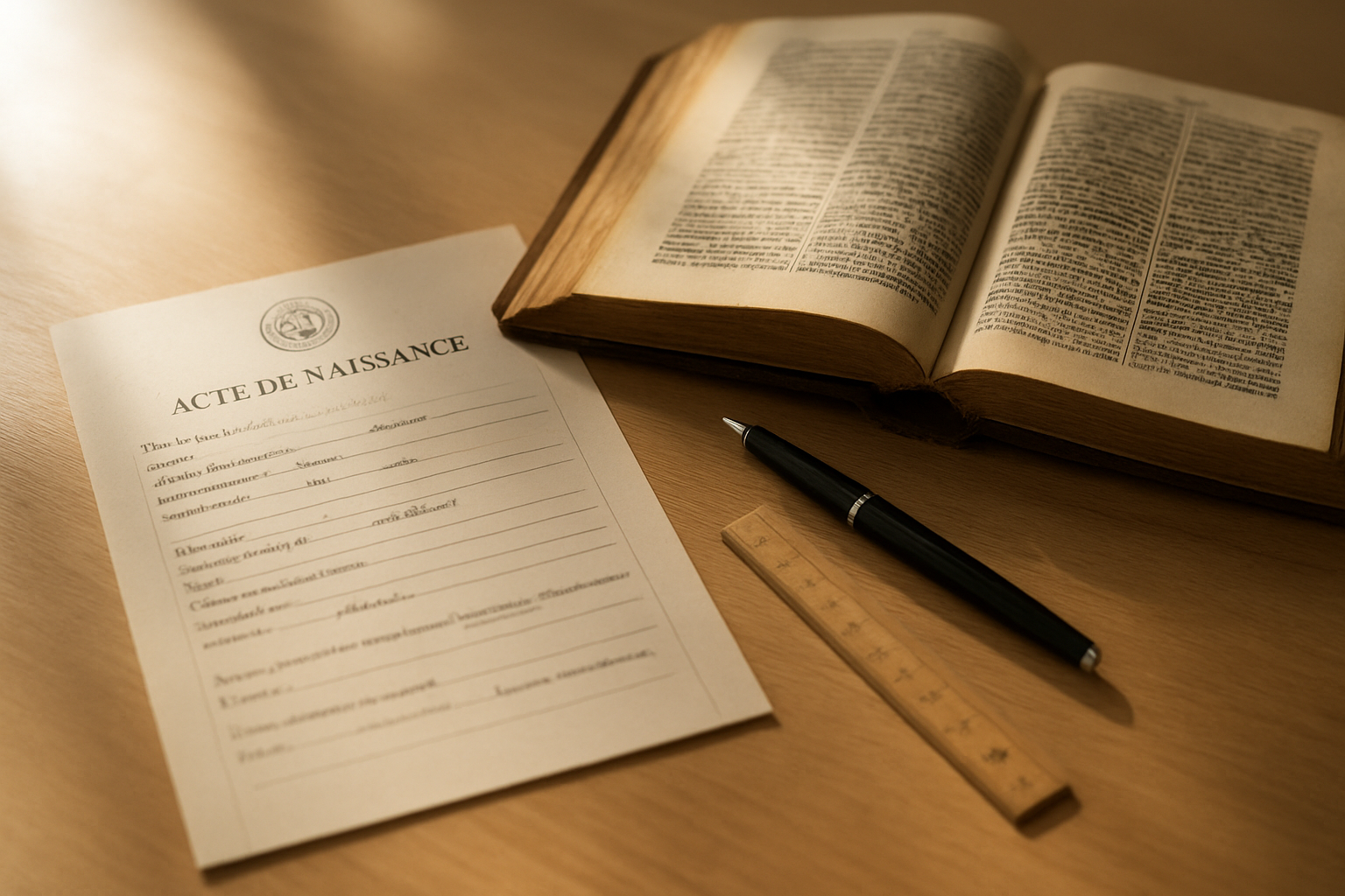 Photo réaliste d’un acte de naissance et d’un livre ancien ouvert sur des textes religieux, lumière douce sur un bureau